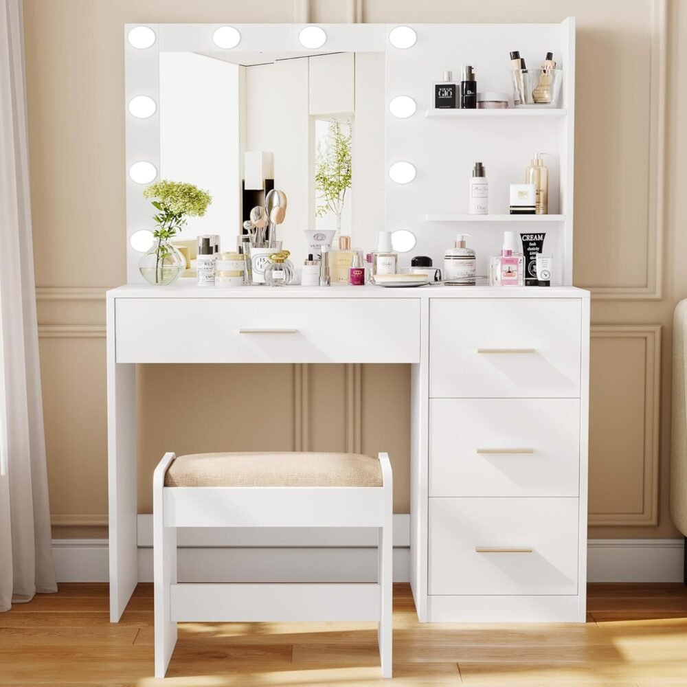 Makeup Vanity Table Set with Lighted Mirror, Makeup Vanity with Storage Shelf and 4 Drawers, Bedroom Dressing Table, Cushioned Stool & 10 LED Lights, White