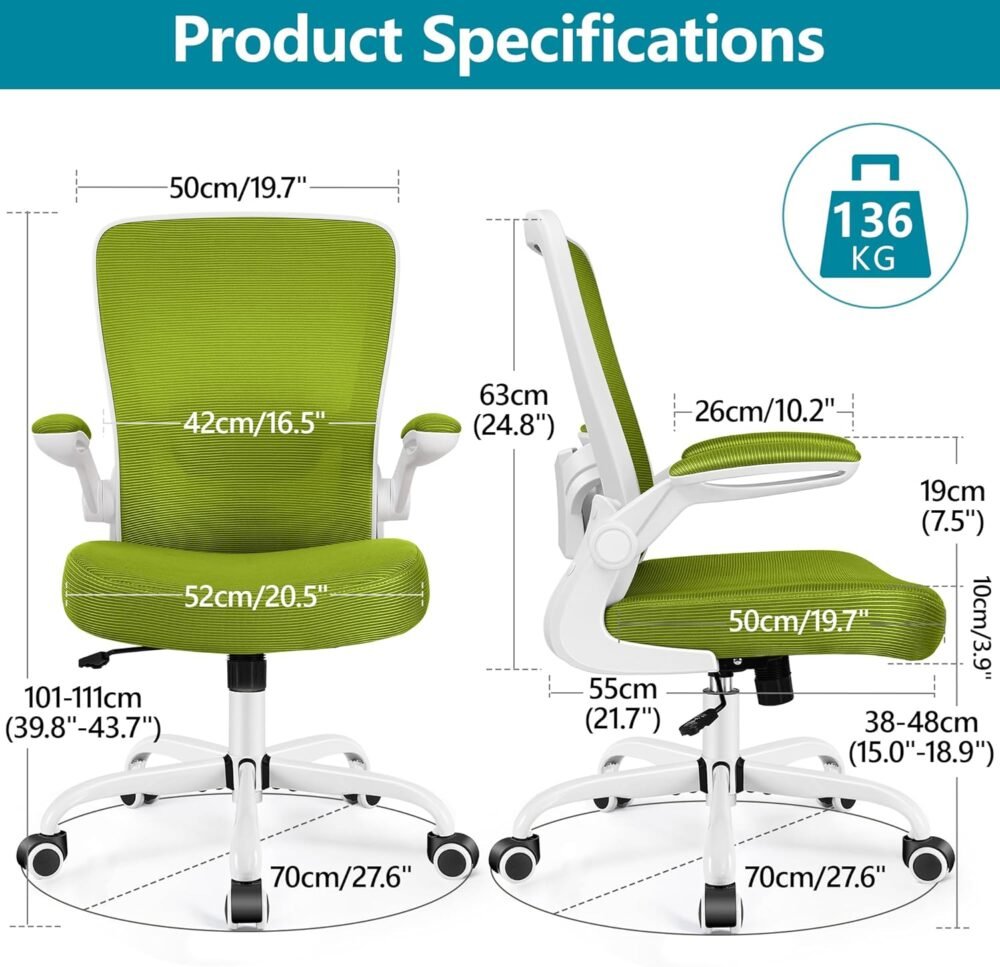 Office Chair, Ergonomic Desk Chair Breathable Mesh Chairs Adjustable High Back Lumbar Support Flip-up Armrests, Executive Rolling Swivel Comfy Computer Chairs Home Office Avocado Green - Image 2