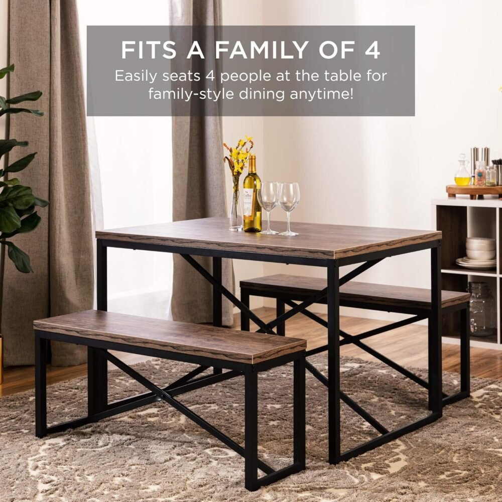 45.5in 3-Piece Bench Style Dining Furniture Set, 4-Person Space-Saving Dinette for Kitchen, Dining Room w/ 2 Benches, Table - Brown/Black - Image 2