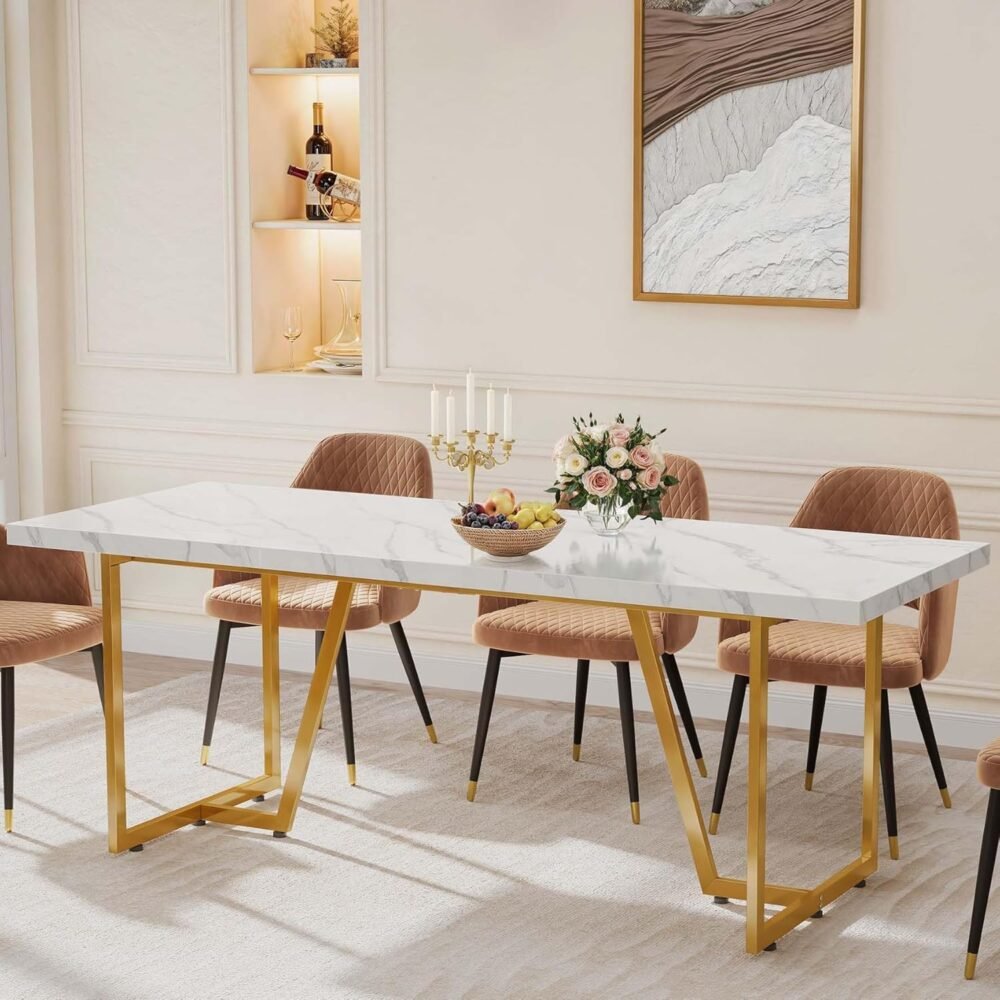 82.6'' Large Modern Dining Table for 8-10 People, Rectangular White Kitchen Dining Room Table with Faux Marble Tabletop and Geometric Gold Metal Legs, Wood Dinner Tables for Family Gathering