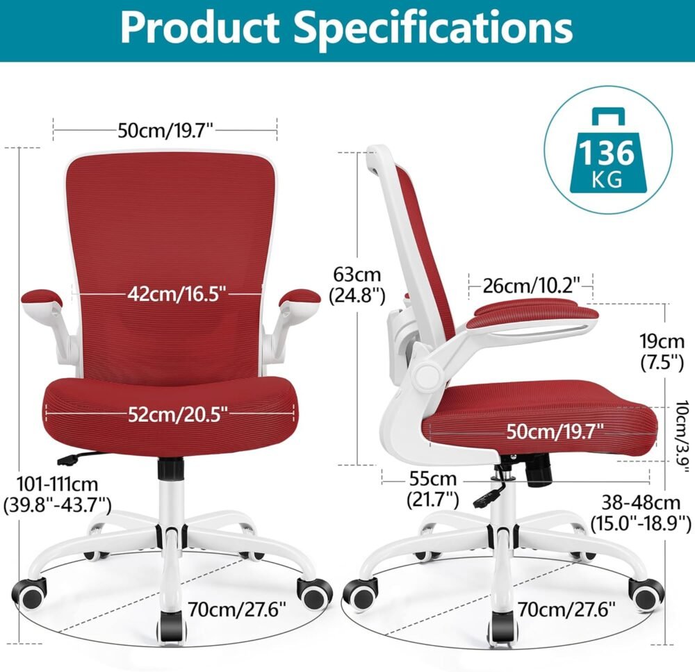 Office Chair, Ergonomic Desk Chair Breathable Mesh Chairs Adjustable High Back Lumbar Support Flip-up Armrests, Executive Rolling Swivel Comfy Computer Chairs Home Office Fire Brick - Image 2