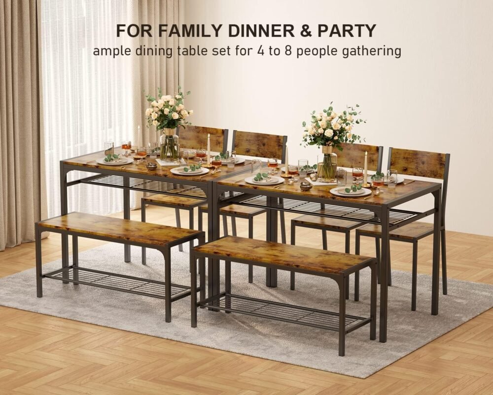 Kitchen Table and 2 Chairs for 4 with Bench, 4 Piece Dining Table Set for Small Space, Apartment (Rustic Brown) - Image 2