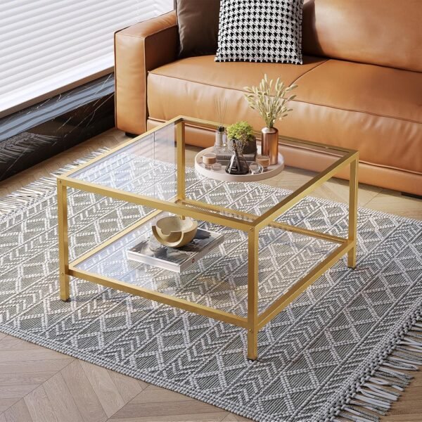 Glass Coffee Table with Storage 2-Tier Square Glass Center Table for Living Room Home Office with Gold Metal Frame Modern Table for Small Spaces