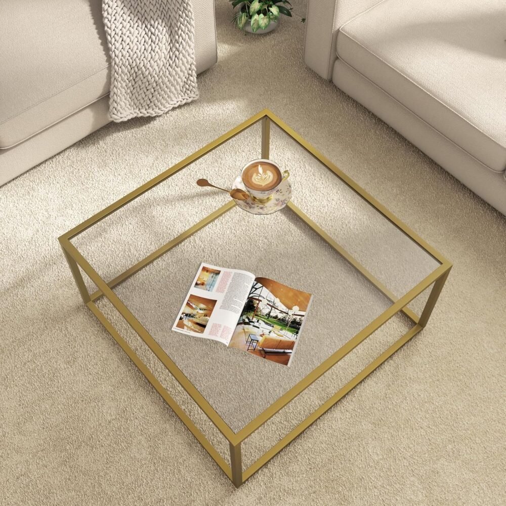 Gold Coffee Table Glass Modern Coffee Tables for Small Space Simple Square Center Table for Living Room Home Office 26.7 x 26.7 x 15.7, Easy Assembly