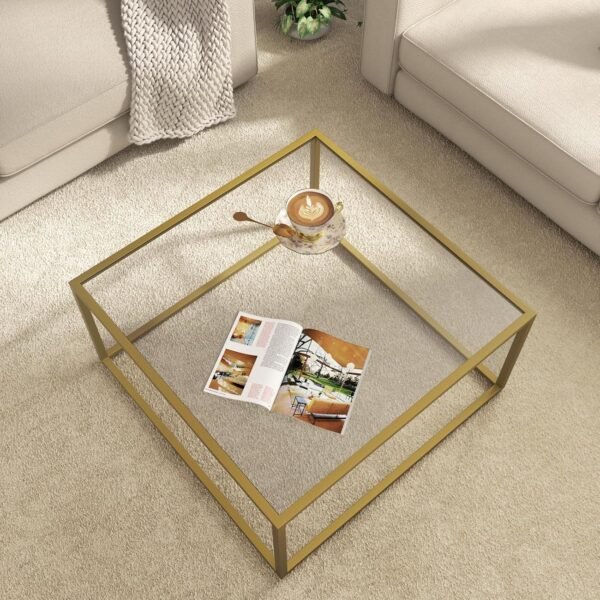 Gold Coffee Table Glass Modern Coffee Tables for Small Space Simple Square Center Table for Living Room Home Office 26.7 x 26.7 x 15.7, Easy Assembly