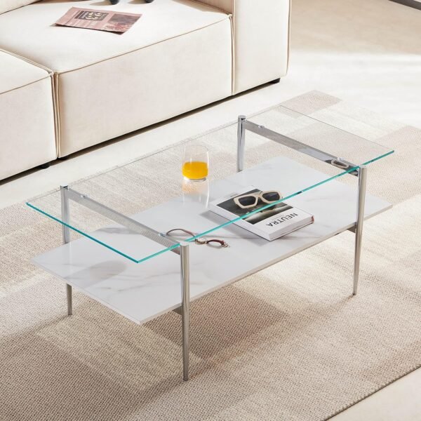 Glass Coffee Table, Double Layer Glass Coffee Table for Living Space, Chrome Finish Frmae, Ultra-Clear Glass & White Marble Wood Top