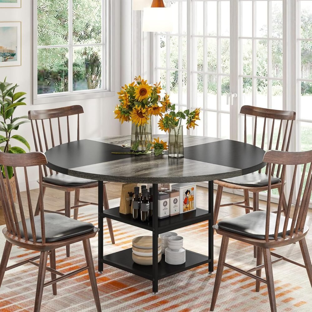 47 inch Round Dining Table for 4, Wood Kitchen Table Large Dinner Table with Storage Shelf Metal Legs for Home Dining Room Living Room, Black Rustic Grey(Only Table)