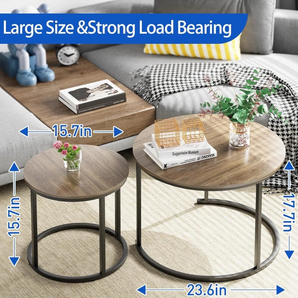 Coffee Table Nesting Side Round Table Set of 2 End Table with Sturdy Metal Frame for Living Room Bedroom Apartment Modern Industrial Simple Nightstand,Oak - Image 2