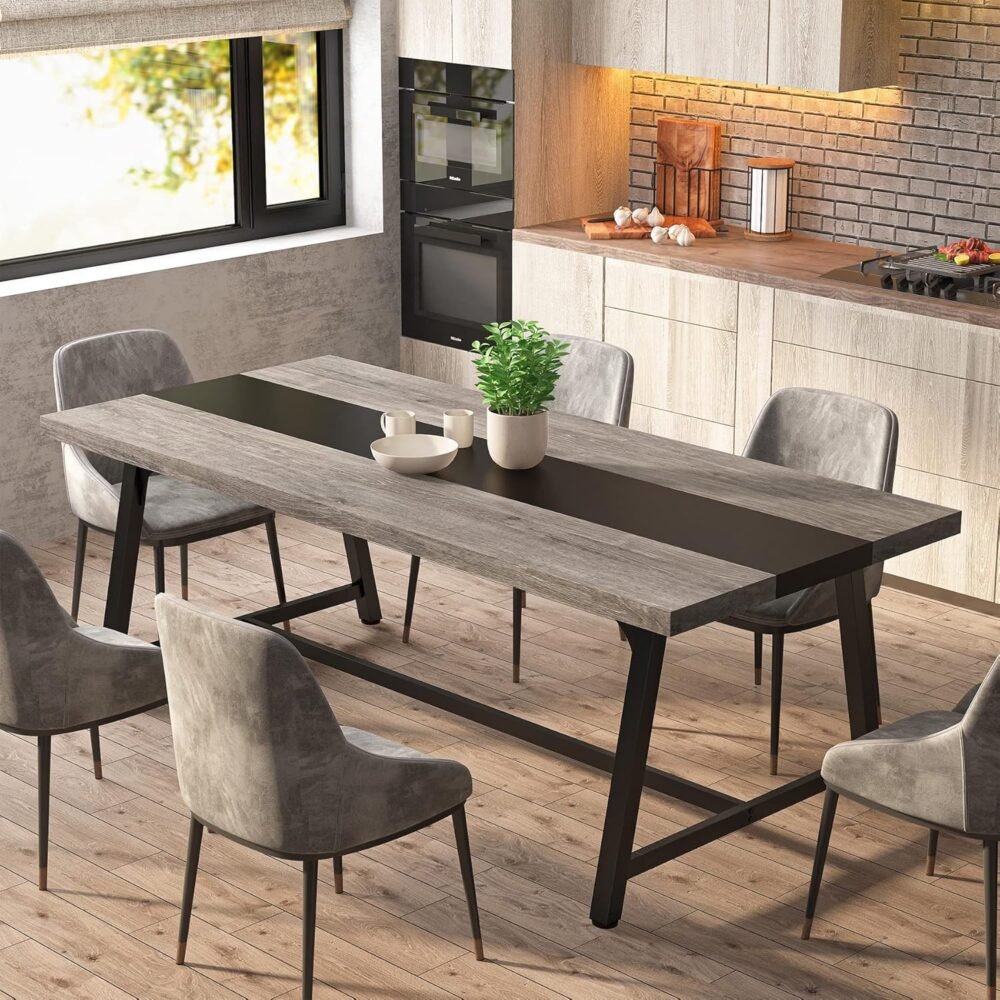 Dining Table for 8 People, 70.87-inch Rectangular Wood Kitchen Table with Strong Metal Frame, Industrial Large Long Dining Room Table for Big Family (Gray, No Chair) - Image 2