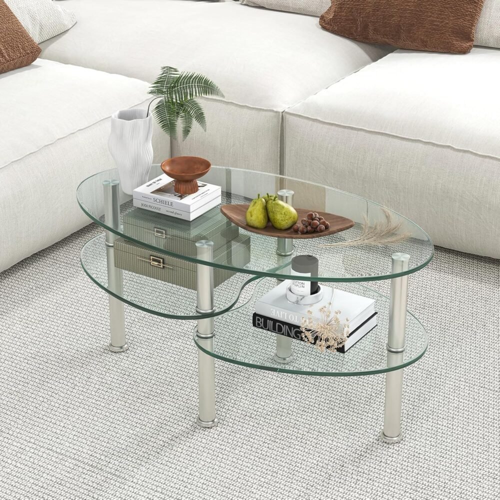 Glass Coffee Table, Modern Furniture Decor 2-Tier Modern Oval Smooth Glass Tea Table End Table for Home Office with 2 Tier Tempered Glass Boards & Sturdy Chrome Plated Legs - Image 2