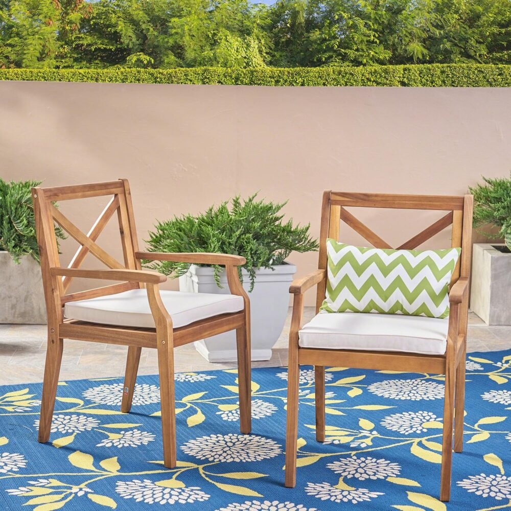 | Outdoor Acacia Wood Dining Chair Set of 2, Teak/Cream Cushion - Image 2