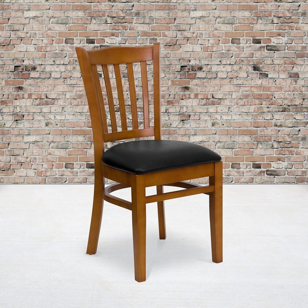 Vertical Slat Back Cherry Wood Chair, Black Vinyl Seat