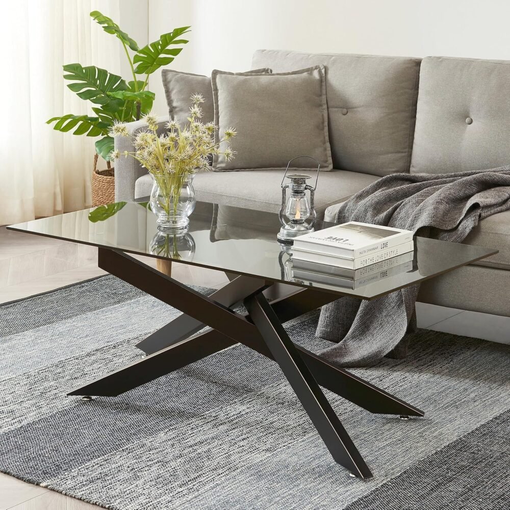 Rectangle Modern Coffee Table, Gray Tempered Glass Table Top and Black Metal Tubular Legs 47.3”Lx23.6”Wx18.1”H Black